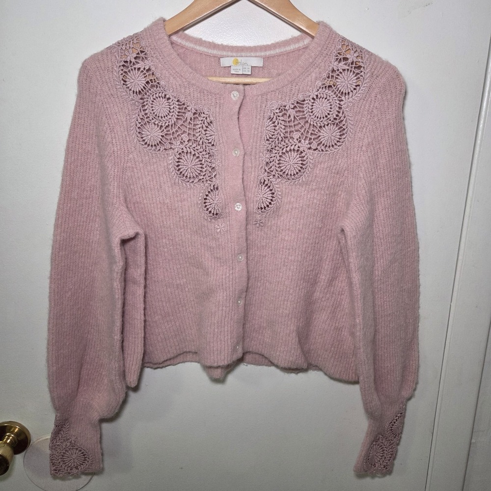 Boden Pink Fuzzy Knit‎ Crochet Trim Cardigan Sweater Women's US 10 Wool Blend